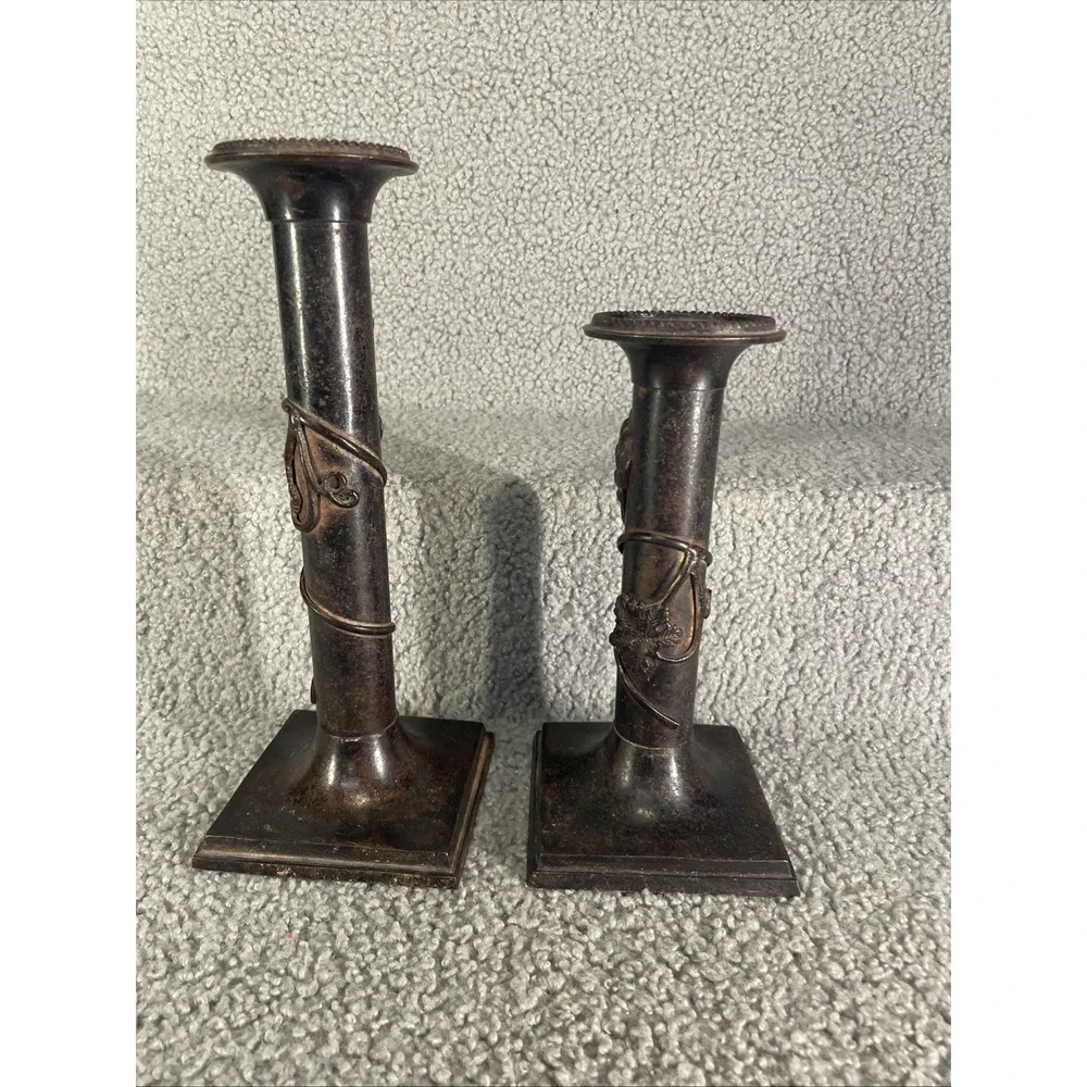 vintage Traditional Italian Bronze Grapevine Mantle Candlestick Holders - a Pair